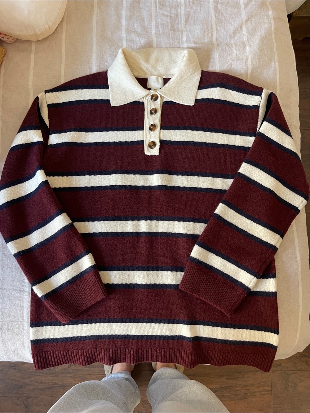 H&M Burgundy, White & Navy Striped Crewneck Polo Sweater